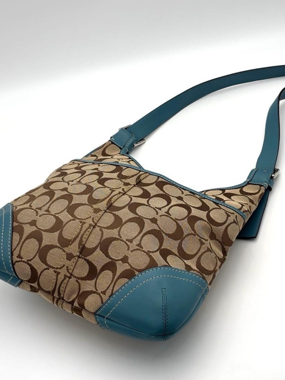 Coach Brown Signature Canvas Shoulder Bag with Teal Trim